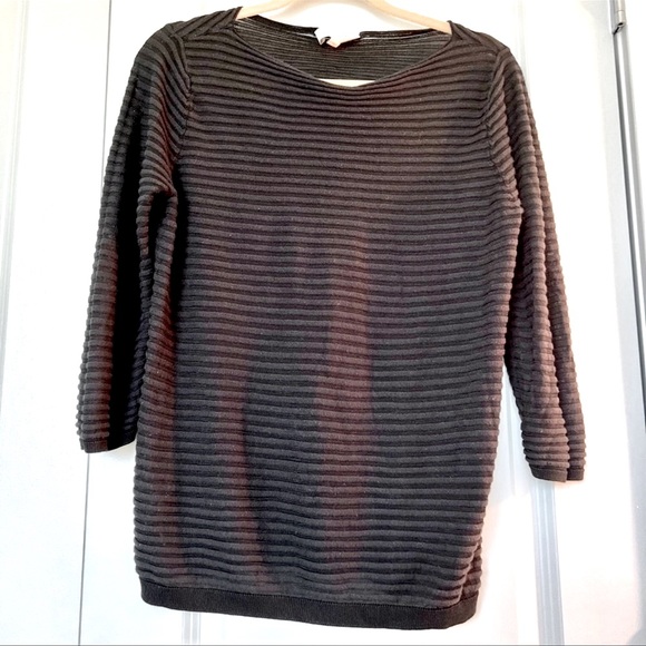 Ann Taylor LOFT Black Boatneck Ribbed Semi Sheer Crop Sleeve Sweater Top Size L - Picture 1 of 14